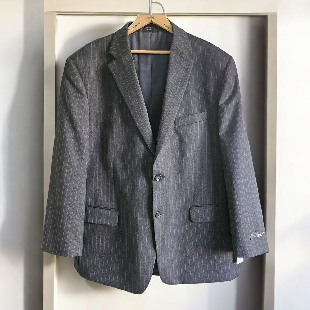 Jones New‎ York Mens Charcoal Pinstripe 100% Worsted Wool Blazer Jacket 46 S NWT